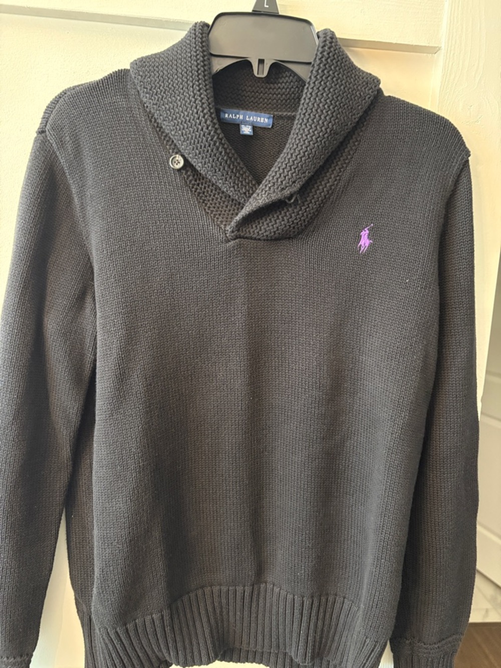 Ralph Lauren Women’s Shawl Turtleneck Sweater in Black with Purple Pony